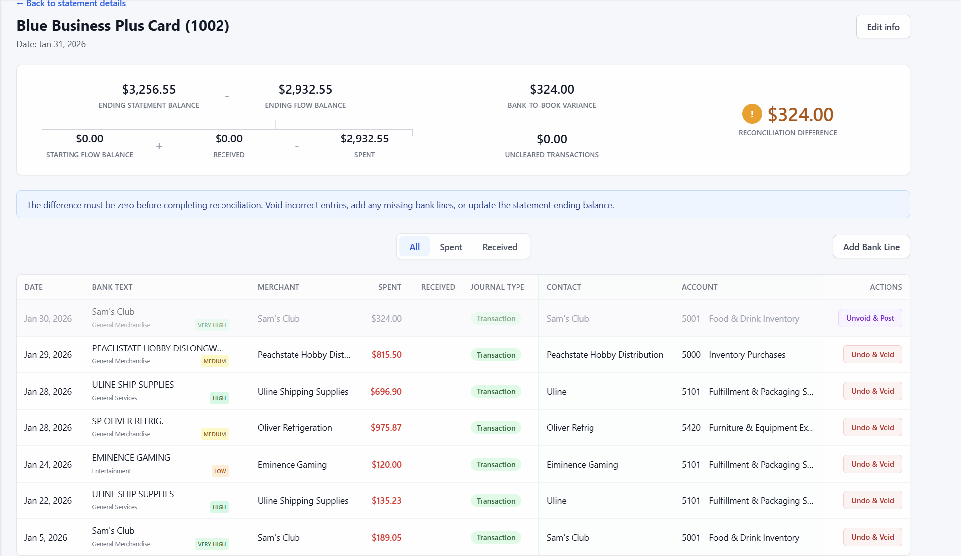 Bank reconciliation summary and transaction matching